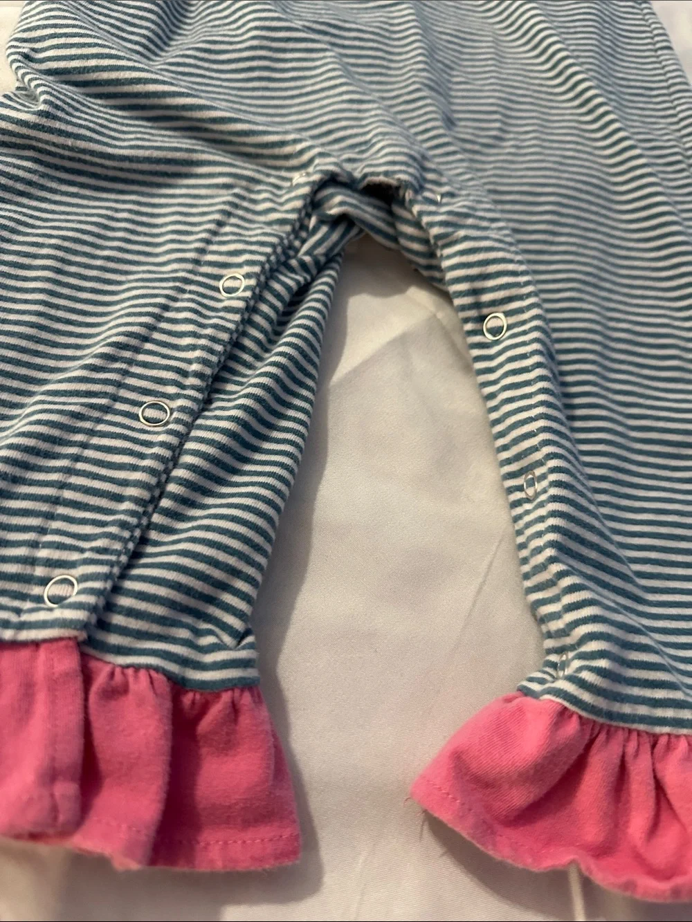 Blue & White Striped Baby one piece with Pink Trim and Puppy Applique